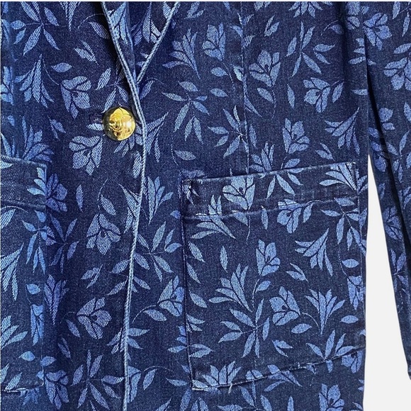 Women's Denim Blazer Floral Print Gold Button 4 Preppy Office Southern Charm - Picture 4 of 6